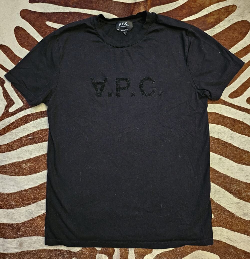 A.P.C. Black T-Shirt with Upside Down Velvet Logo Sz S